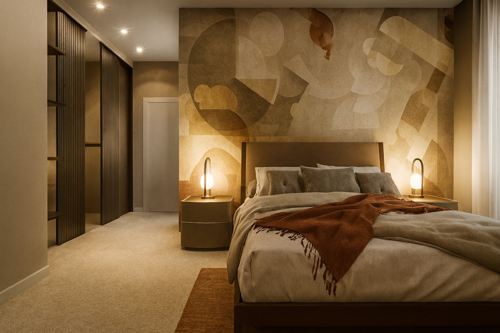Camera da letto matrimoniale con carta da parati astratta e illuminazione di design.