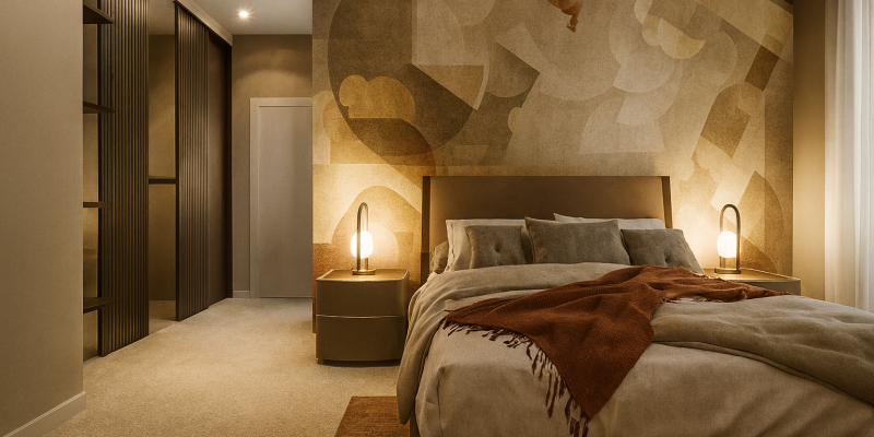 Camera da letto matrimoniale con carta da parati astratta e illuminazione di design. Camera da letto matrimoniale con carta da parati astratta e illuminazione di design.
