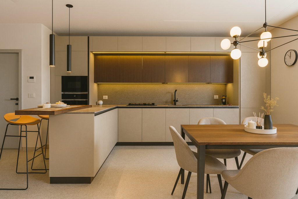 Cucina moderna con penisola in legno e illuminazione LED sottopensile Febal Casa.