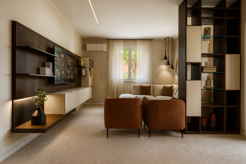 Soggiorno moderno Febal Casa Frattamaggiore con divano beige e libreria scura.