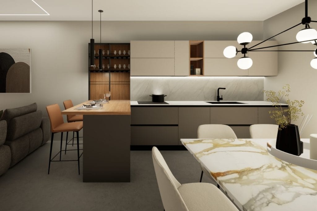 Cucina con penisola Febal Casa Grigio Vulcano e Grigio Dorian