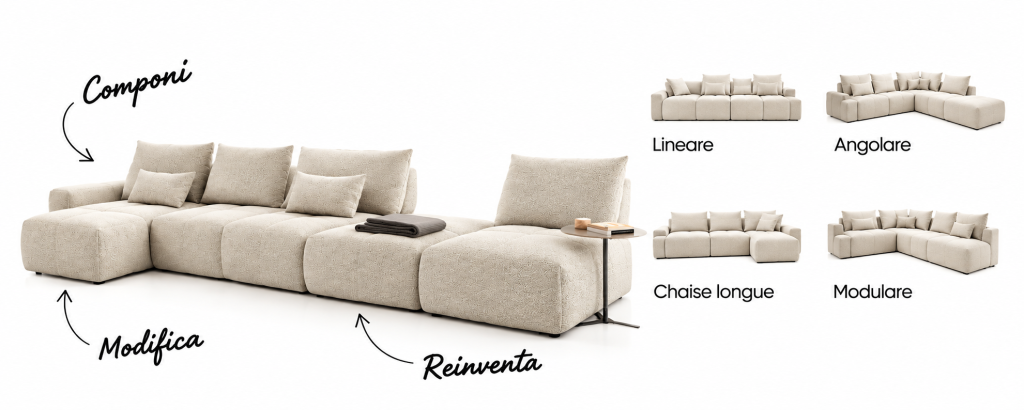 Modularità dei divani Febal Casa con configurazioni lineari, angolari e chaise longue